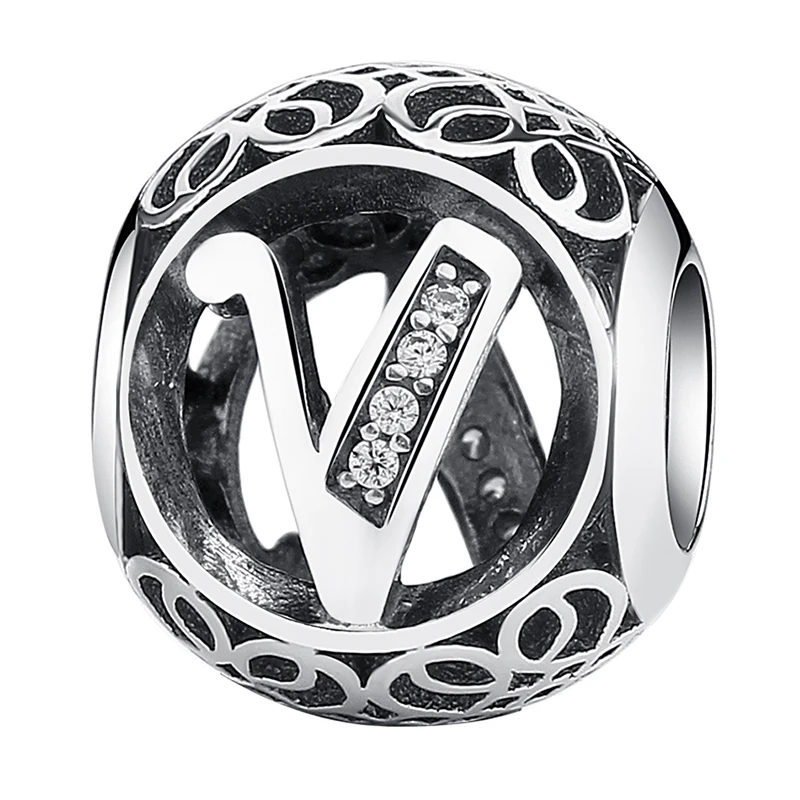 V 925 пробы, серебряные, винтажные, а до Т прозрачные, CZ буквы, алфавит, круглые бусины, подходят для бисаера, браслеты с подвесками, оригинальные ювелирные изделия EDC008 - Окраска металла: V