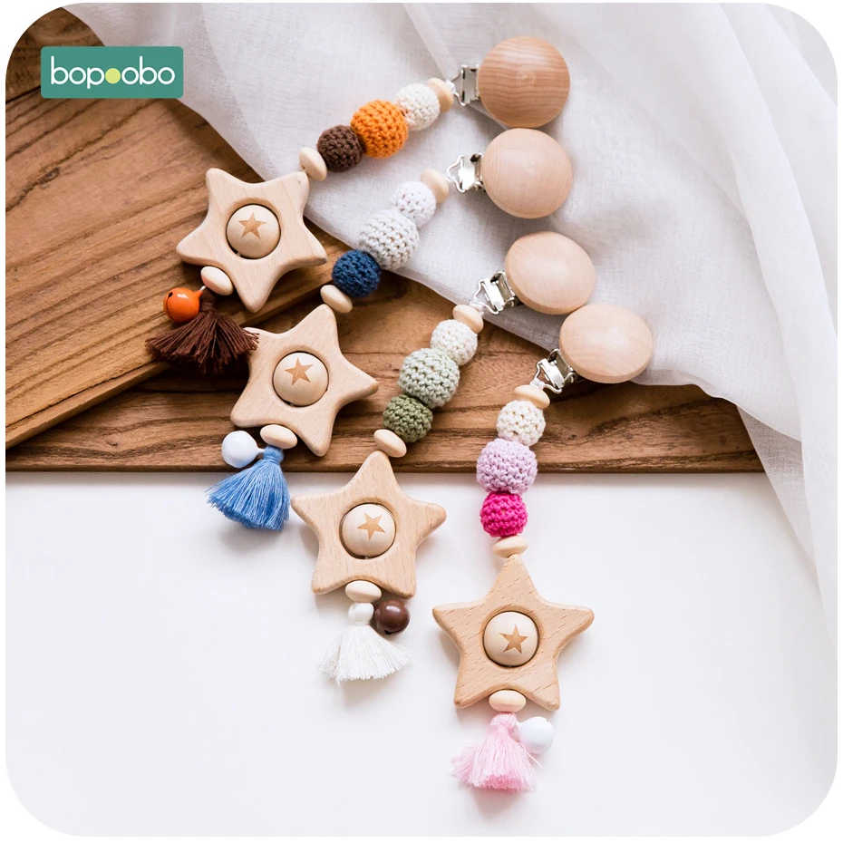 Bopoobo 1 шт. прищепка для соски бука деревянные бусины звезды кисточкой деревянные грызуны зажимы цепочка ручная работа кормящих подарок детские товары