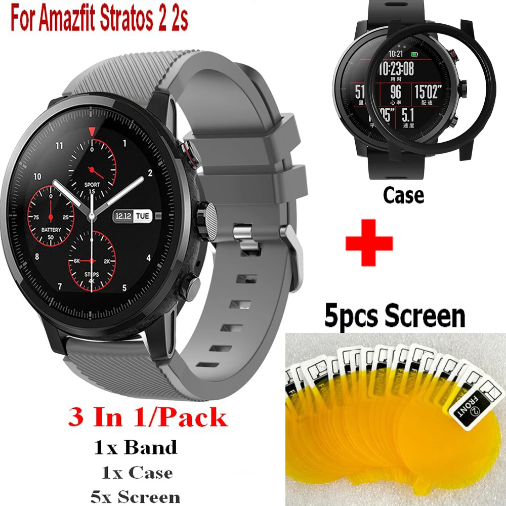 3In1 чехол Обложка для Amazfit Stratos 2 2s smart watch strap силиконовой лентой + Защитная пленка на