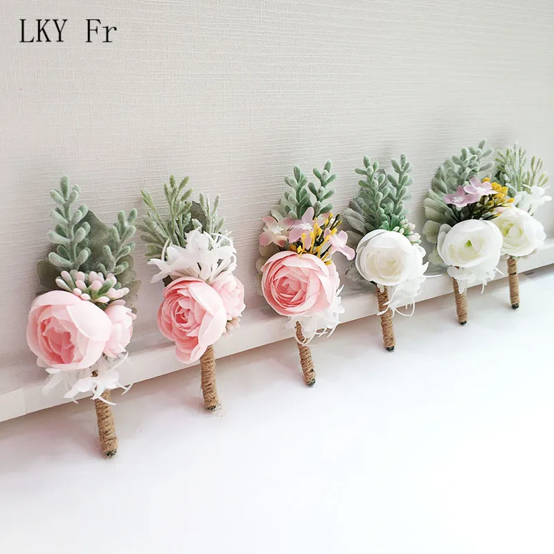 

LKY Fr Boutonniere Corsage Silk Roses White Pink Wedding Corsages and Boutonnieres Buttonhole Flowers Pins Marriage Accessories