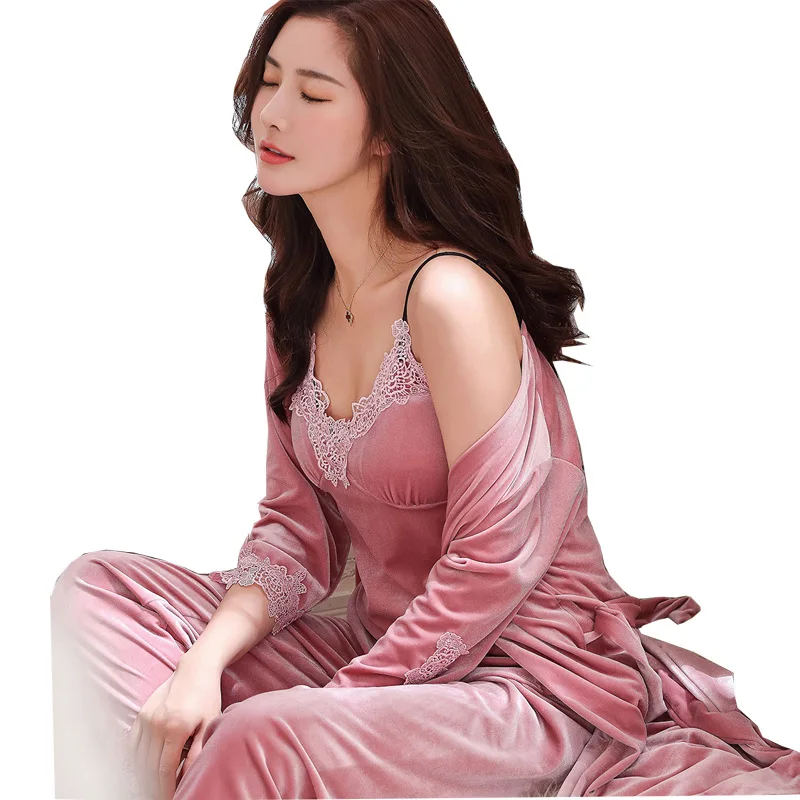3 шт. Женская бархатная ночная рубашка с V-образным вырезом | одежда