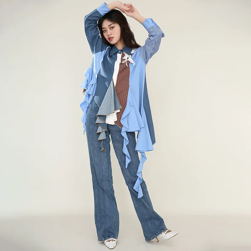 

[EAM] Women Tassel Denim Asymmetrical Long Blouse New Lapel Long Sleeve Loose Fit Shirt Fashion Spring Autumn 2021 1DD420805