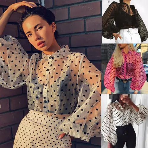 

Women Mesh Sheer Blouse See-through Puff Long Sleeve Blouse Pearl Button Transparent polka Dot Black White Top Shirt