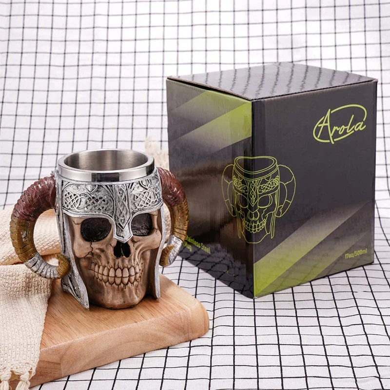 

600ml Stainless Steel Skull Mug Resin Coffee Cup Retro Design Double Handle Big Horn Cup Creative 3D Realistic Style Decoration