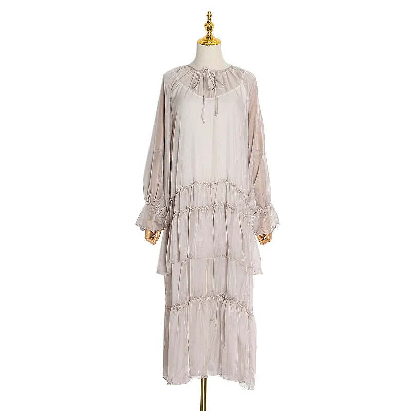 

New loose size v-neck long sleeve dress women's wooden ear stitching flounces vacation elegant dress