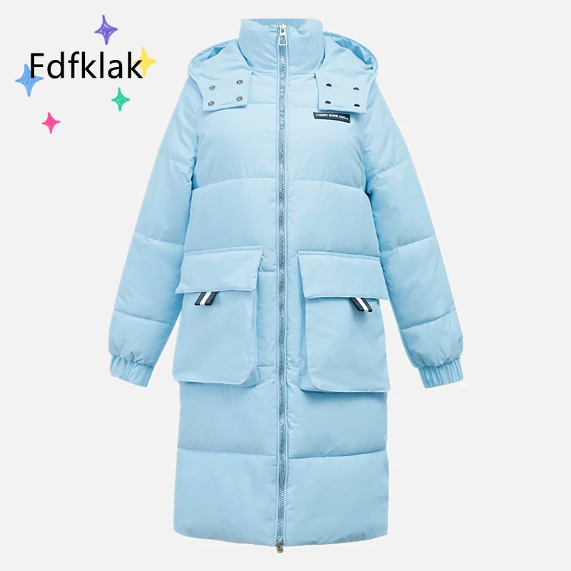 Fdfklak Glossy Wash-Free Yellow Jacket Hood Mid-Length Korean Loose Female Coat Winter Thick Hooded Coat Women Manteau Femme