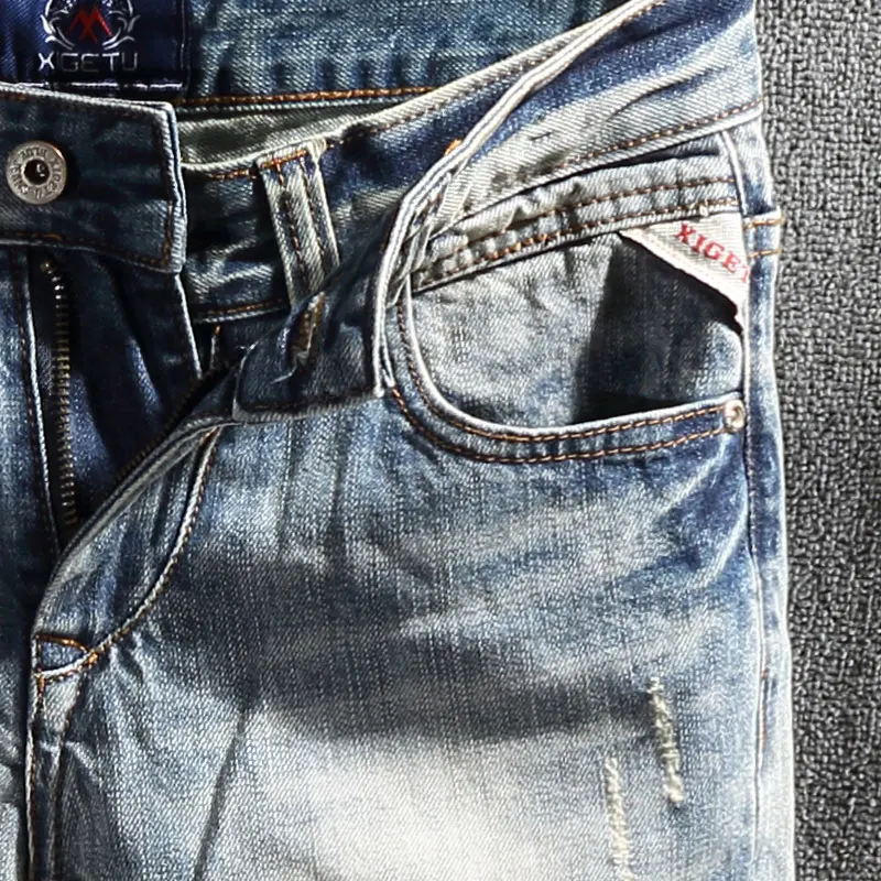 European Street Fashion Men Jeans Retro Light Blue Slim Ripped Jeans Men Korean Embroidery Designer Vintage Casual Denim Pants