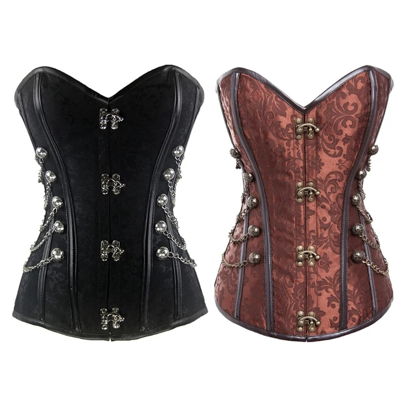 

U2JF Gothic Corset Sexy Slim Burlesque Black Body Shaper with Chain Strapless Overbust Steampunk Waist Cincher For Women