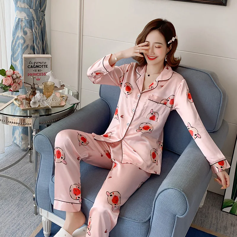 

New Spring Women Pajamas Set Silk Satin Cartoon Long Sleeve Sleepwear Female Pyjama Sweet Gril Homewear Suit Plus Size M-5XL