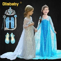 birthday party girls princess elsa dress summer toddler girl long sleeve blue dresses with long tail sequins elegant ball gowns