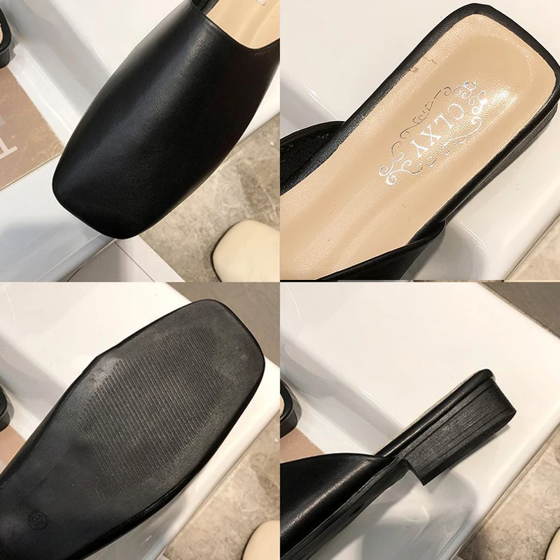 2021 Summer Slippers Square Toe Mules Shoes Sandals Women Flay Heel Casual Outside House Shoes Flats Drags Slides Half Slippers