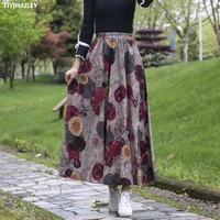tiyihailey free shipping 2021 new fashion long maxi a line elastic waist women cotton and linen print spring skirt with pockets