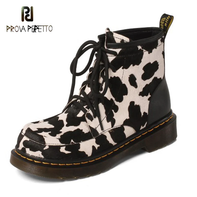 

Thick-soled Lace-up Martin Boots New Fashion Color Matching Round Head Horsehair Cowhide Mid-heel Fashion Ladies Ankle Boots