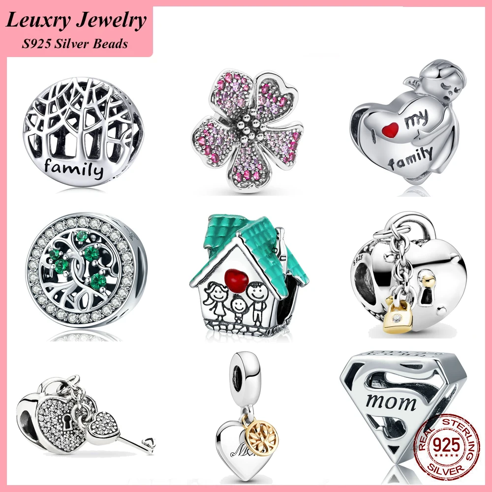 

Leuxry New 925 Sterling Silver Heart Lock Mom Charm Beads Fit Original Pandora Bracelet DIY Women Jewelry Gift Making