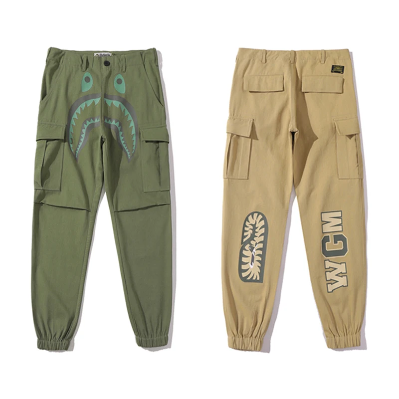 

Harajuku Hip Hop High Street Bape Shark Headband Multiple Pockets Overalls Army Green Khaki Longs Trousers High-quality PANTS