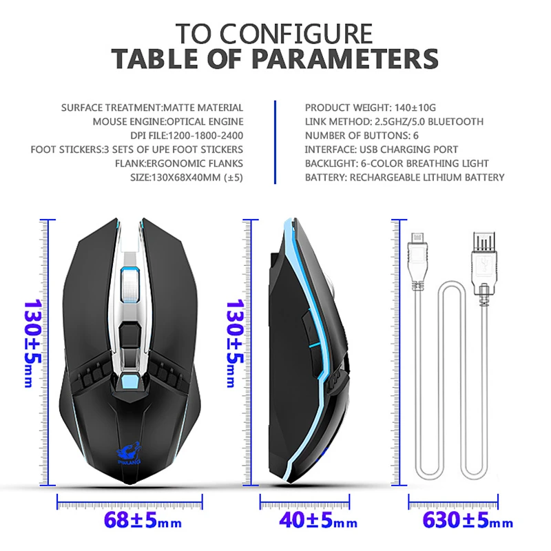 

Bluetooth 5.0 Mouse Cool Gaming Optical Mice for Computer PC Laptop LED Light Mechanical Mouse Rechargable 2.4G Wireless Mouse