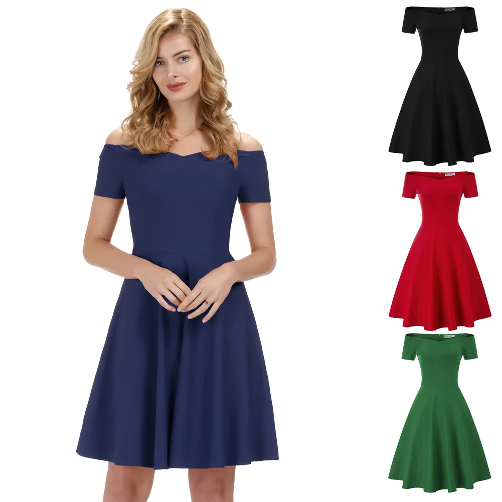 

Vintage Dress 50s 60s Retro Style Off Shoulder Pinup House Wife Party Swing Tea Women's Sexy Solid Sleeveless Mini Dress Evening