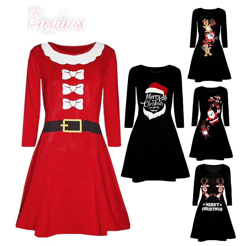 

Women Santa Claus Printed Long Sleeve Evening Prom Costume winter mini Dresses kerstjurk christmas party dress Costume clothes