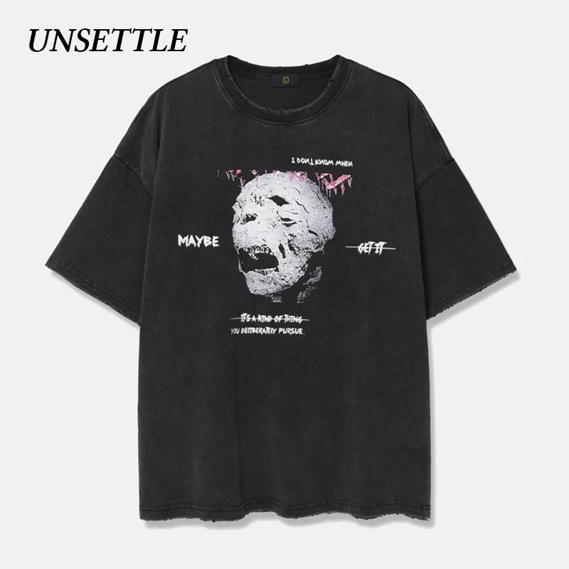 UNSETTLE High Street Heavy Weight Fabric Washed T-shirts Men Hip Hop Print Gothic Skulls Streetwear tshirt Short Sleeve Tees | Мужская