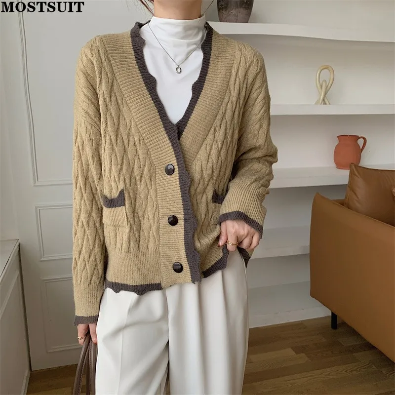 

Винтажный шикарный кардиган с V-образным вырезом, вязаная одежда, Женский однобортный свитер с длинным рукавом, элегантные стильные женские...