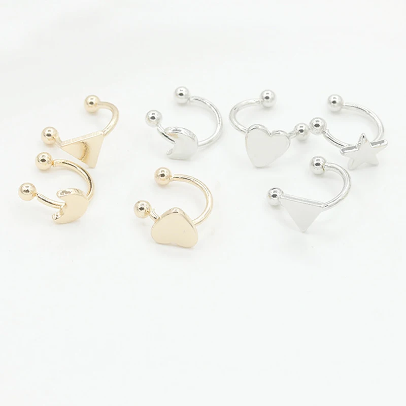 Корейские серьги клипсы в форме сердца Луны звезды треугольника золотые каффы