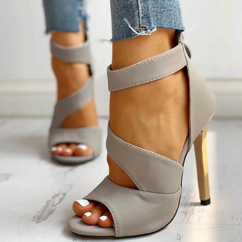 

Women Thin High heels Summer Thin High zipper Peep Toe Sandals Office Hollow Out Sandals Shoes Ladies High Heels Pumps