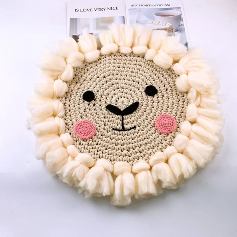 

54DA Nordic Hand Woven Wall Hanging Decorations Cotton Thread Weaving Cartoon Animal Head Children Room Ornament