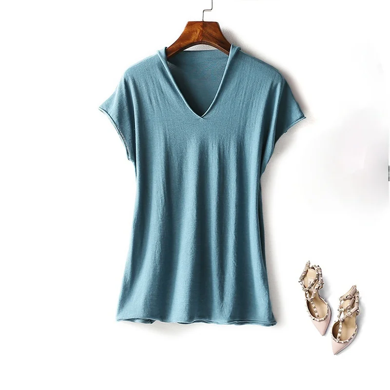 

High Quality Black T Shirt Women 2021 Silk Top Female Cotton T Shirt Summer Clothes for Women V-neck Camisetas De Mujer Pph5056