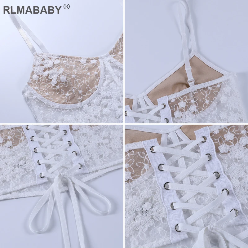 

RLMABABY Sexy Transparent Floral Women Black Lace Cropped Camisole Slim Spaghetti Strap Backless Summer White Short Camis Top