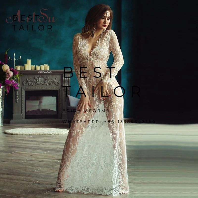 Vestidos de novia transparentes de encaje, traje largo Sexy para vacaciones, traje nupcial de playa con cuello en V, vestido de fotografía, vestido de novia 2021