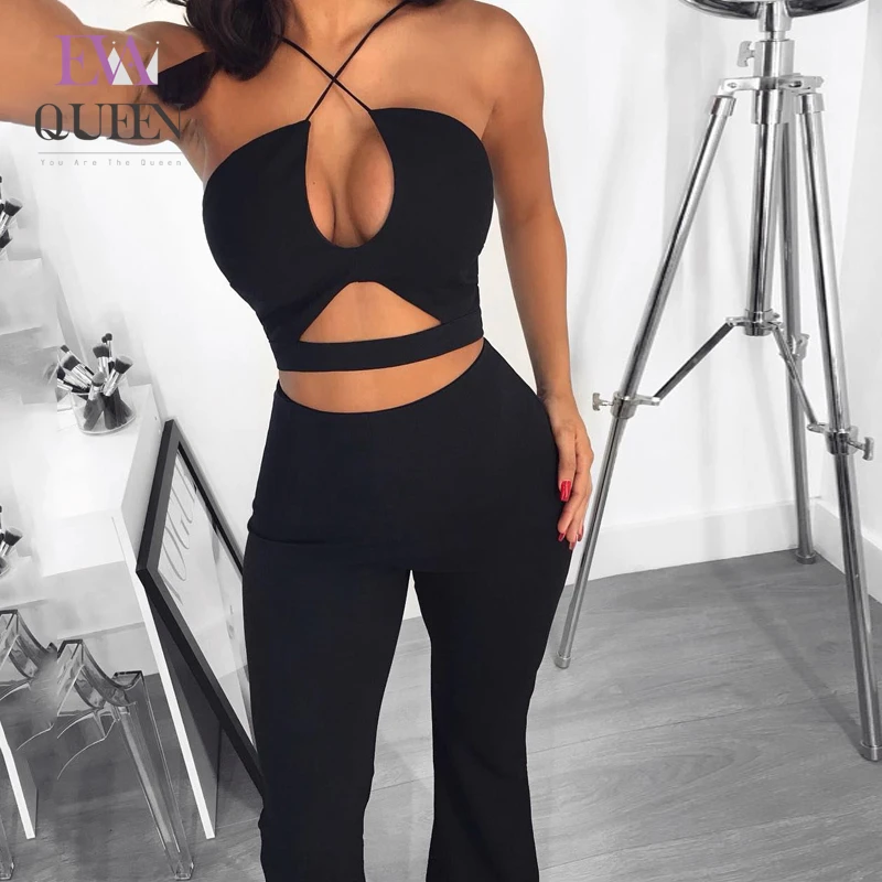 Женский комбинезон без рукавов EvaQueen черный офисный с открытой спиной и широкими