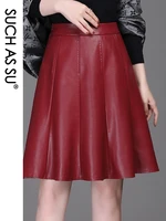 y2k fall winter pu leather skirts women black red green khaki brown knee length high waist pleated size female sexy skirt