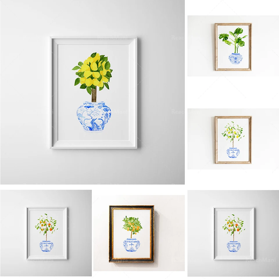 

Blue and white Chinese style monstera prints, blue vase prints, planter prints, plant wall art