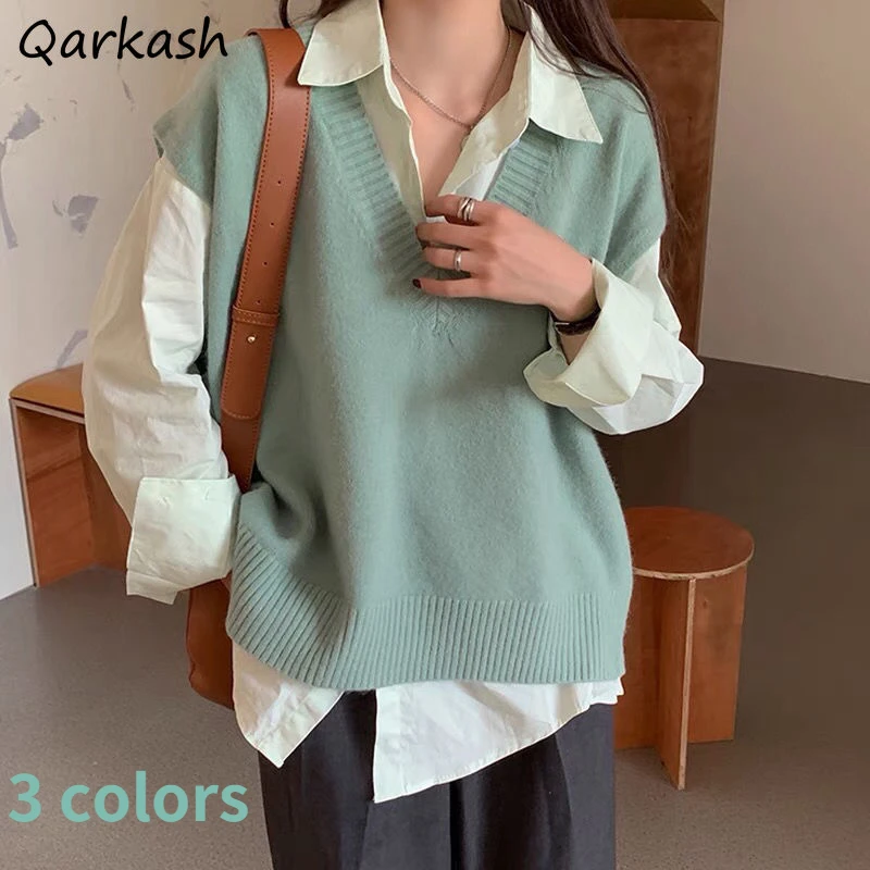 

Sweater Vest Women Loose Solid Basic Sweet College Korean Style Soft Classic Tender All-match Spring Leisure Female Knitwear Ins