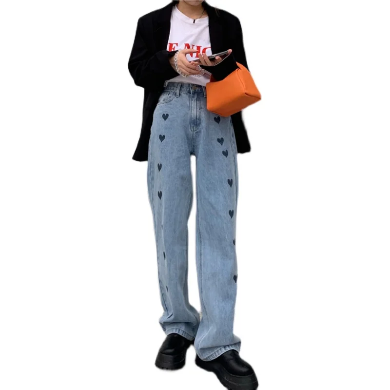

Piooni Korean Style Ins Spring Retro Heart Printing High Waist Slimming and Straight Jeans Wide-Leg Draggle-Tail Trousers