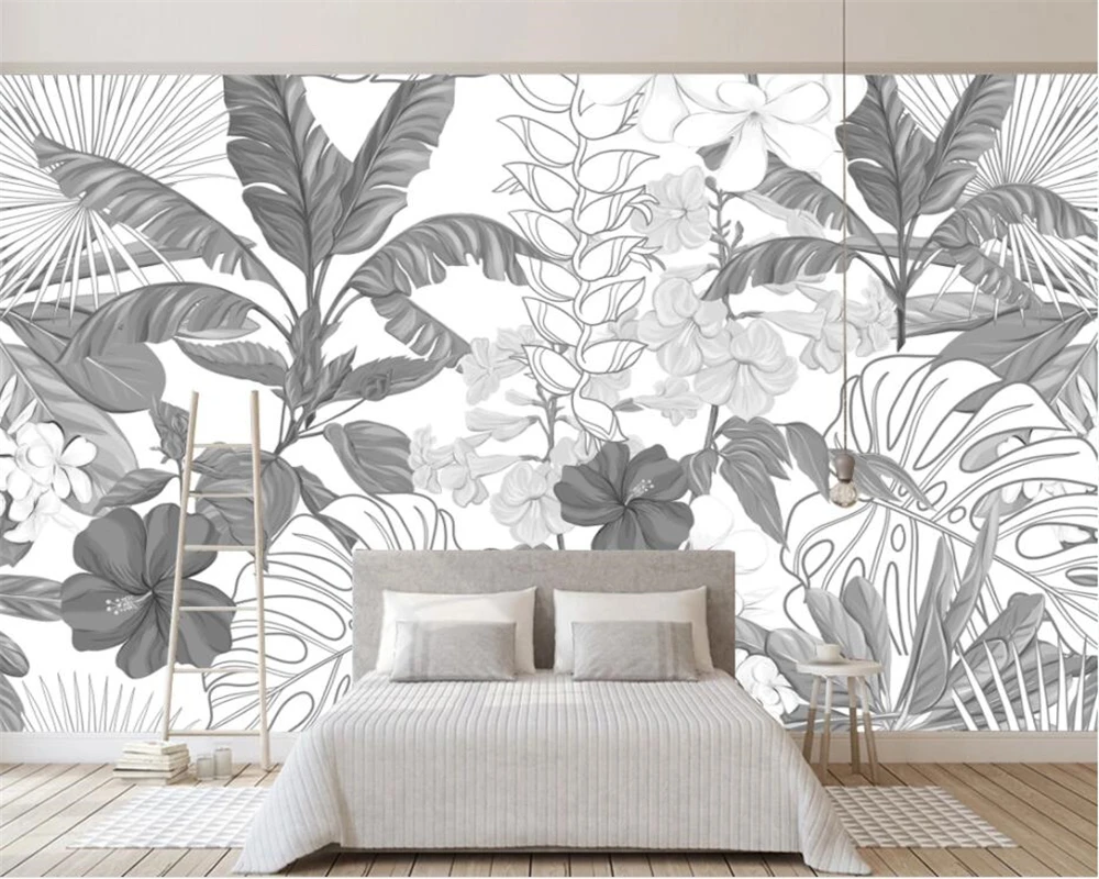 

beibehang Custom Wallpaper Mural Tropical rainforest black and white banana leaves Tree modern TV Sofa Background 3d Wallpaper