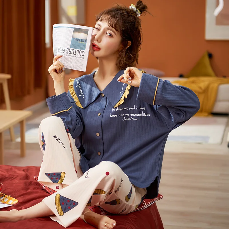 

Хлопковые пижамы для женщин осень-зима 2020 новое платье принцессы с отложным воротником Кардиган с длинным рукавом женская пижама для отдых...