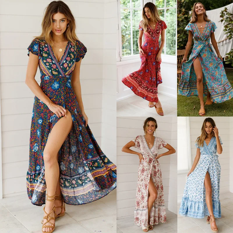 

2021 spring new dress bohemian big swing V-neck beach holiday lace-up printed skirt