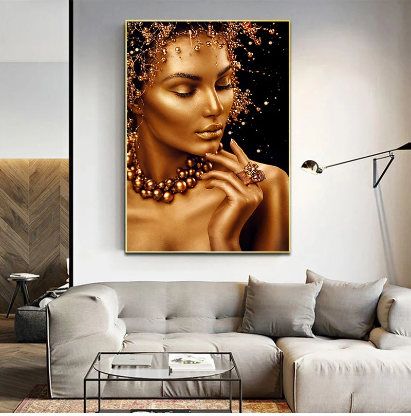 

Картина маслом на холсте с изображением женщины черного и золотого цвета