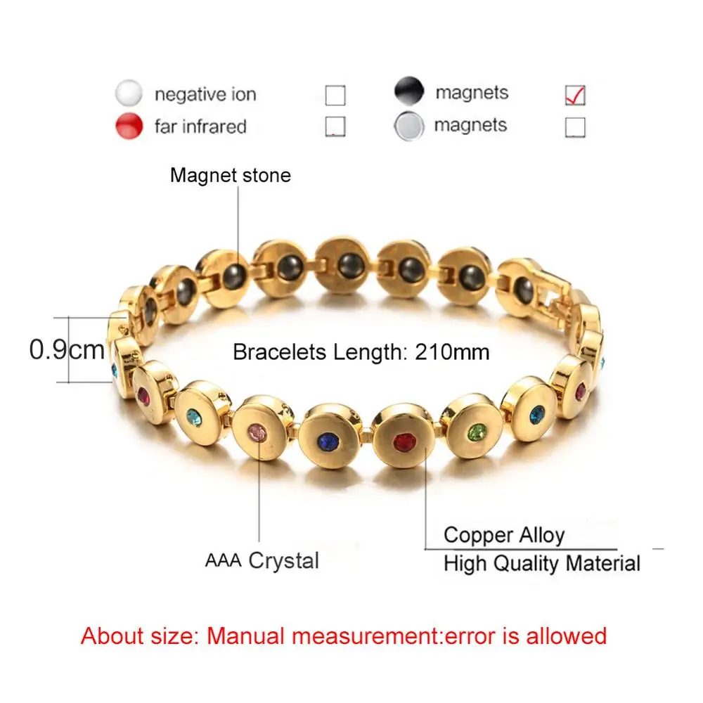 New Fashion Colorful Crystal Gem Woman Magnetic Bracelet Gold Color Copper Germanium Healing Jewelry Bio Energy Bangles