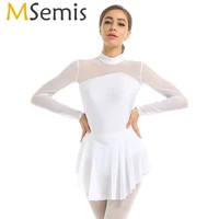 msemis new women figure ice skating dress shiny rhinestones see through long sleeves gymnastics leotard ballet dance costume