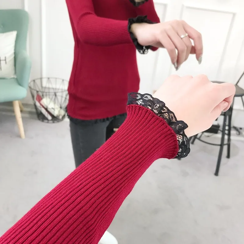 Женский джемпер с флисовой подкладкой вязаный теплый лоскутный свитер кружевом