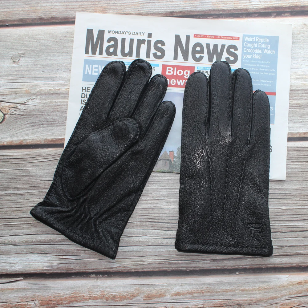 

Men’s Black Buckskin Gloves Dark Brown Genuine Leather Fashion Soft And Durable Wool Lining Watermark Style Mittens
