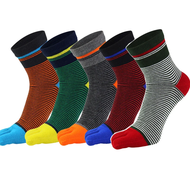 5 Pairs Men Quality Cotton Socks with Toes Bright Colors Striped Five Finger Crew Socks Young Man Boys Autumn Winter Warm Socks