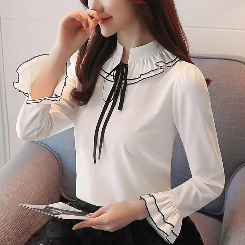 2019 модная женская блузка Рубашки шифоновые с длинным рукавом белые женские топы
