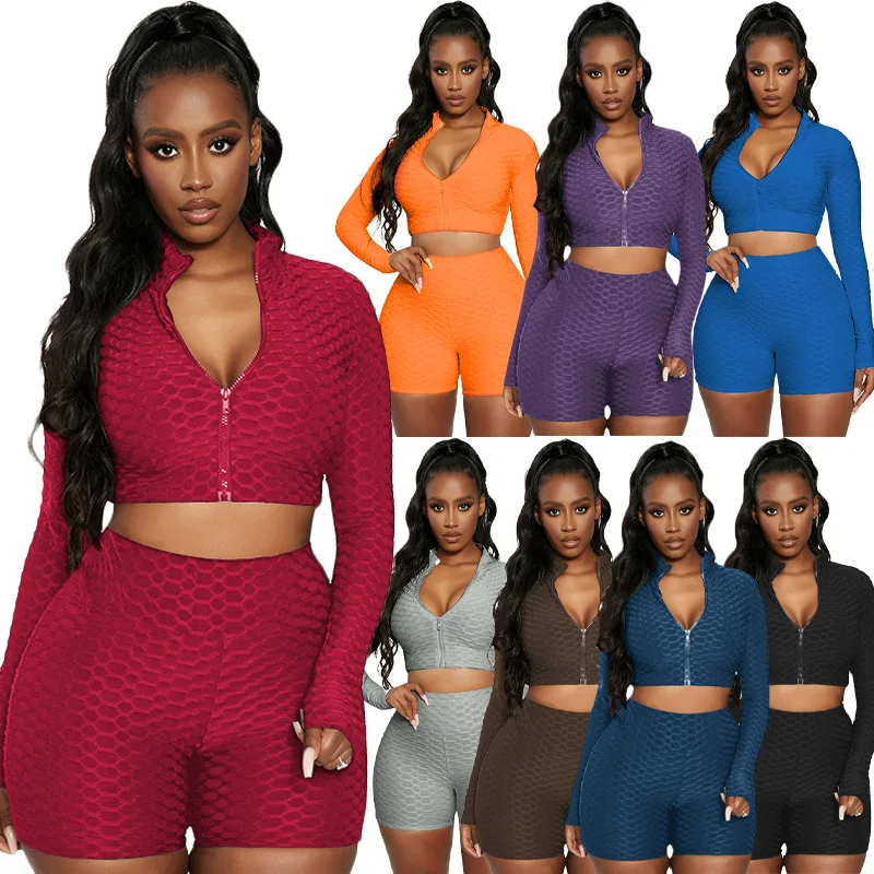 

2021 Summer New Women Long Sleeve Sports Fitness 2 Piece Suit Zipper Crop Top +Biker Shorts Tracksuit Female Bodycon Outfits