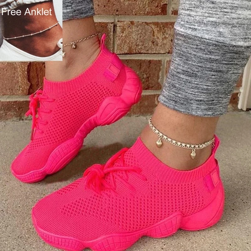

Air Mesh Women Sneaker Sock Shoes Summer Breathable Cross Tie Platform Round Toe Casual Fashion Sport Lace Up 2021 Female Girl