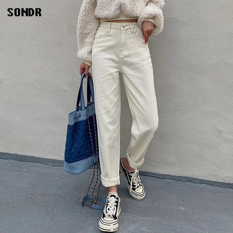 

Women'S Spring Autumn High Waist Harem Pants Jeans 2020 Korean Fashion Jeans Chic Loose Straight Cropped Trousers Fleece Jeans