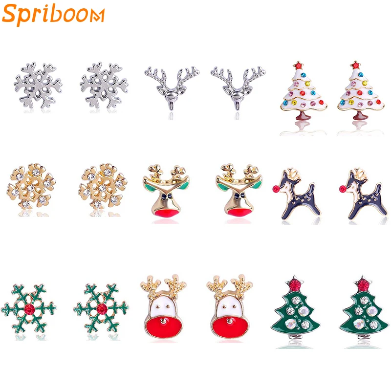 

Snowflake Elk Stud Earrings Christmas Bow Boxes Santa Claus Xmas Tree Earring Small Colorful Zircon Cartoon Earing Jewelry Gifts