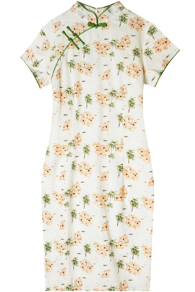 

Chinese Traditional Daily Dresses for Women Short High Quality Linen Cotton Cheongsam Dresses 3XL Printing Retro Dress